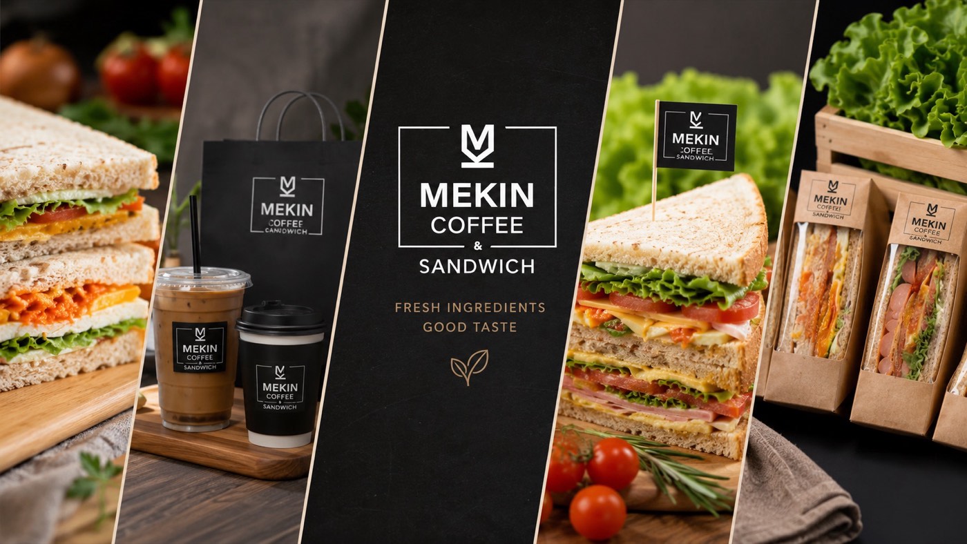 Mekin Coffee & Sandwich brand collage — sandwich, iced coffee and packaging